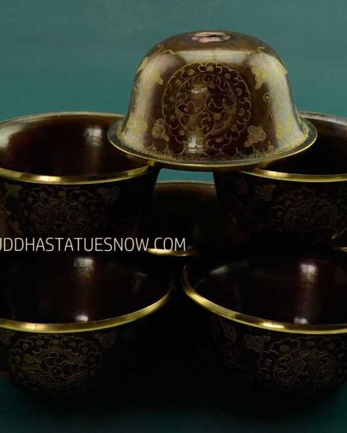 3.5" Set of Eight Offering Bowls, Hand Carved Oxidized Copper Finish w/24k Gold Gilding - Gallery
