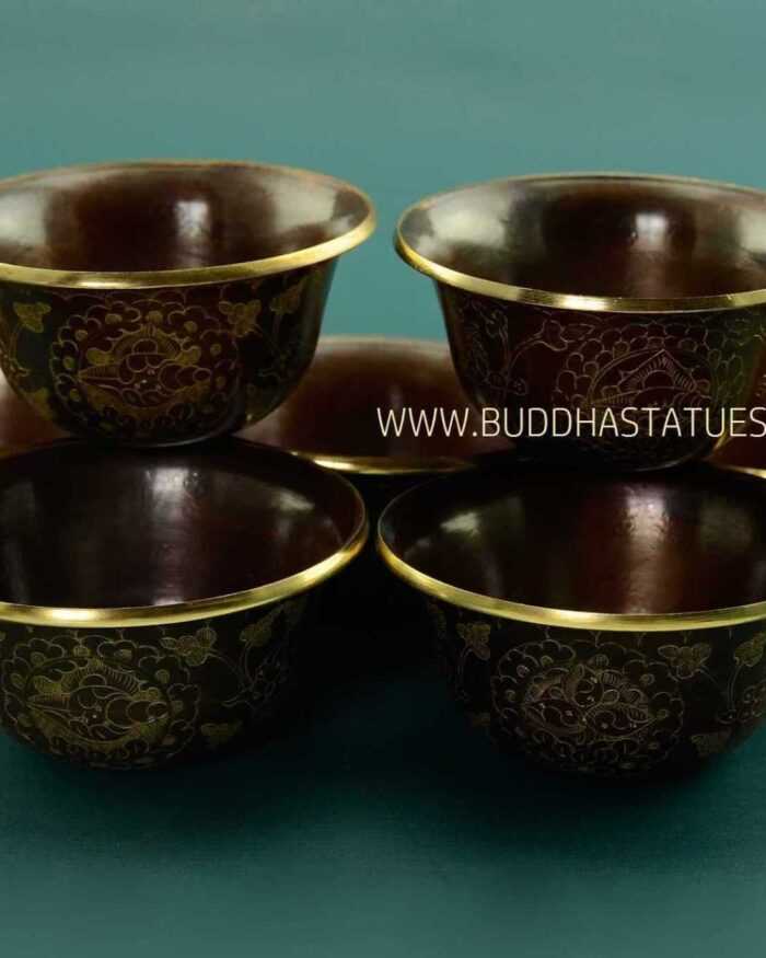 3.5" Set of Seven Offering Bowls, 24k Gold Gilded Antiquated Finish, Hand Carving - Gallery