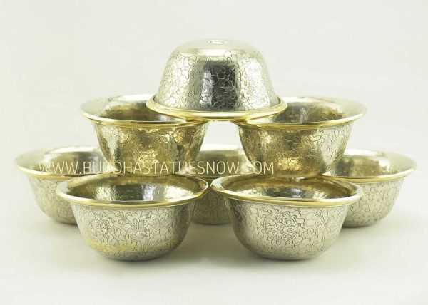 4" Tibetan Offering Bowls Hand Carved White Metal Alloy w/Brass Rings - Gallery