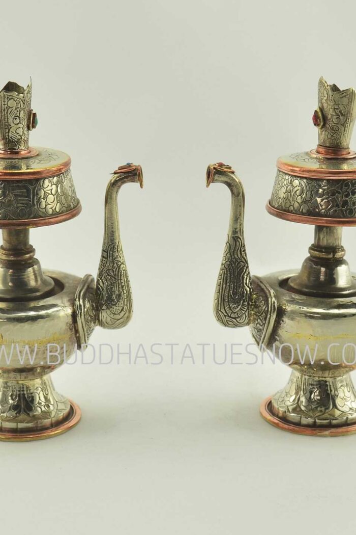 6" Tibetan Bhumpa Set, White Metal, Hand Carved w/Semiprecious Stones - Gallery