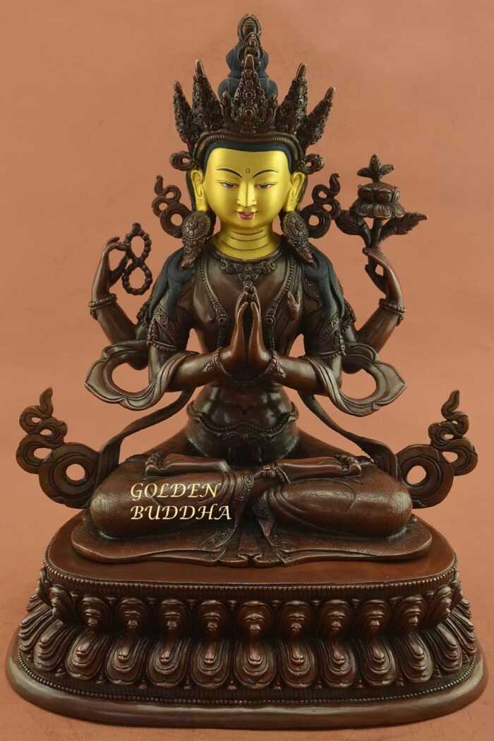 Oxidized Copper 15.25" Chenrezig Statue, Gold Face Painted, Fine Hand Carved Details - Gallery