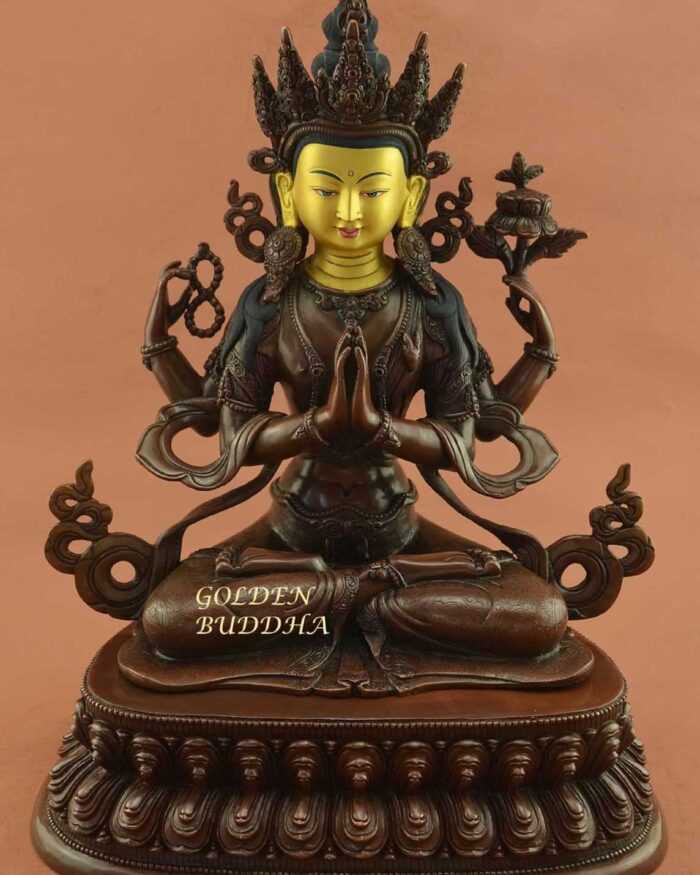 Oxidized Copper 15.25" Chenrezig Statue, Gold Face Painted, Fine Hand Carved Details - Gallery