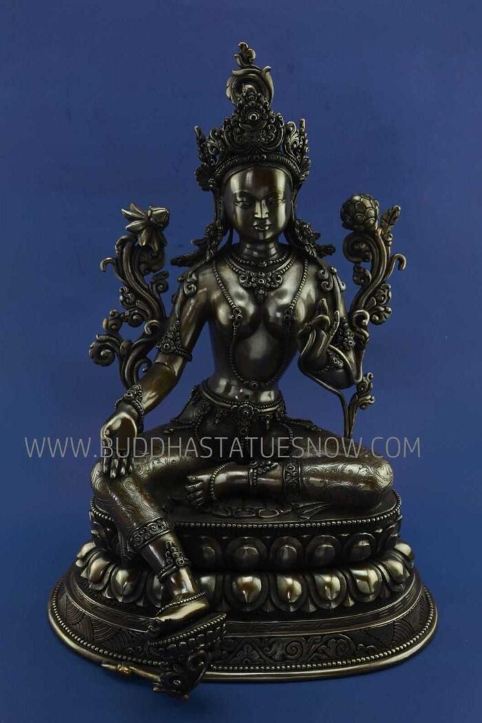 Oxidized Copper 15.5" Green Tara Statue Fine Hand Engravings - Front