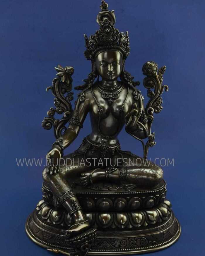 Oxidized Copper 15.5" Green Tara Statue Fine Hand Engravings - Front