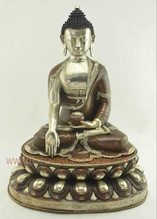 Oxidized Copper 18.25" Shakyamuni Buddha Statue, Silver Plated - Front