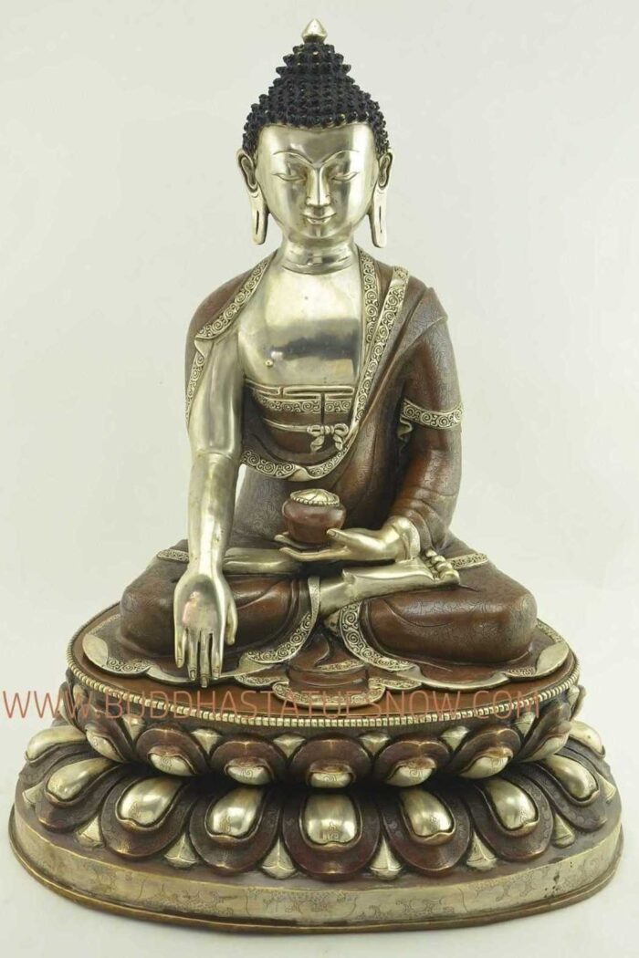 Oxidized Copper 18.25" Shakyamuni Buddha Statue, Silver Plated - Front