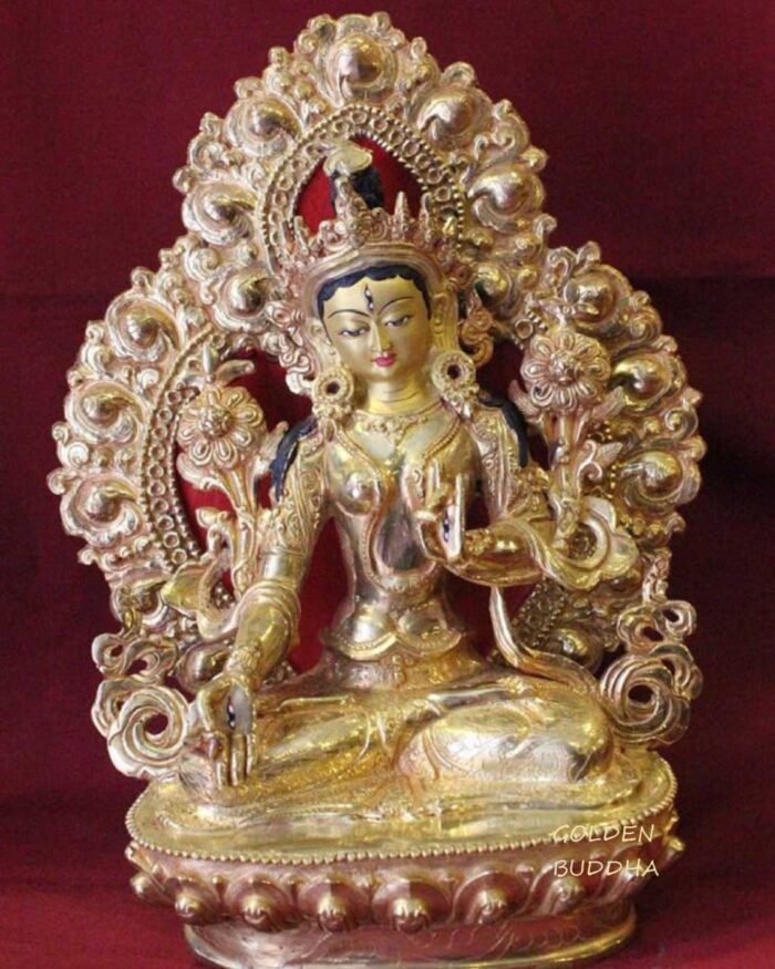 Fully Gold Gilded 10" Framed White Tara Statue, 24K Gold, Beautifully Engraved - Gallery