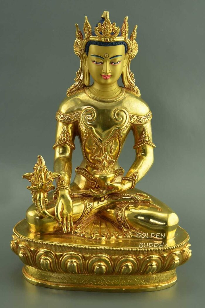 Fully Gold Gilded 10.25" Crowned Medicine Buddha Statue - Gallery