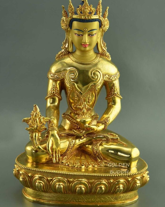 Fully Gold Gilded 10.25" Crowned Medicine Buddha Statue - Gallery