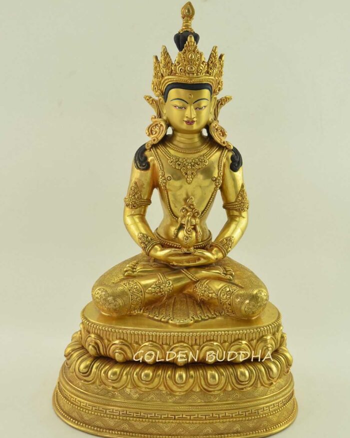 Fully Gold Gilded 13.5" Aparmita Statue Double Lotus Pedestal - Gallery
