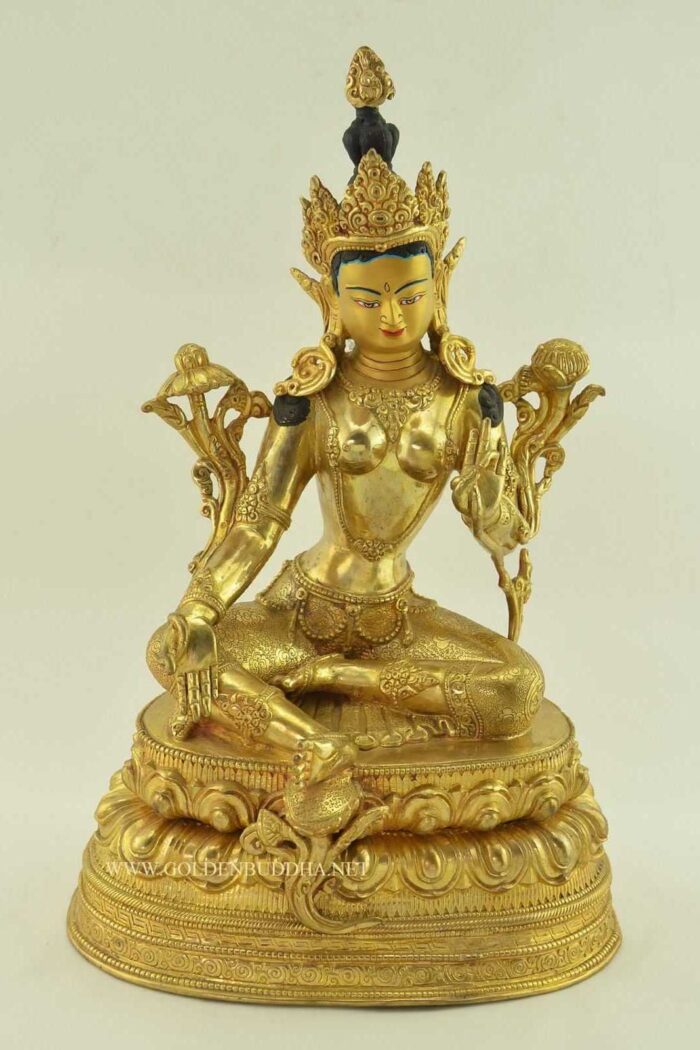 Fully Gold Gilded 13.5" Green Tara Statue Double Lotus Pedestal - Gallery