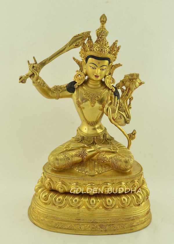 Fully Gold Gilded 13.5" Manjushri Statue Double Lotus Pedestal - Gallery