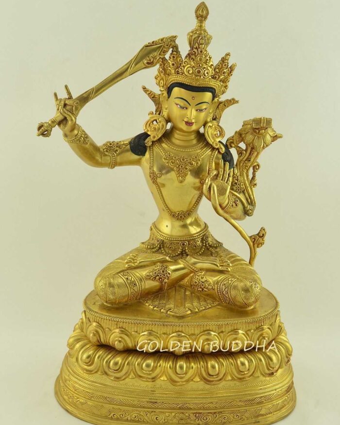 Fully Gold Gilded 13.5" Manjushri Statue Double Lotus Pedestal - Gallery