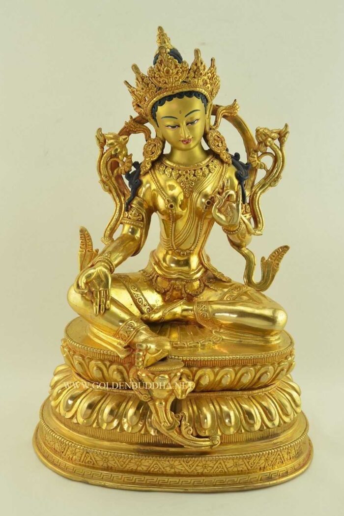 Fully Gold Gilded 15" Green Tara Statue Double Lotus Pedestal - Gallery