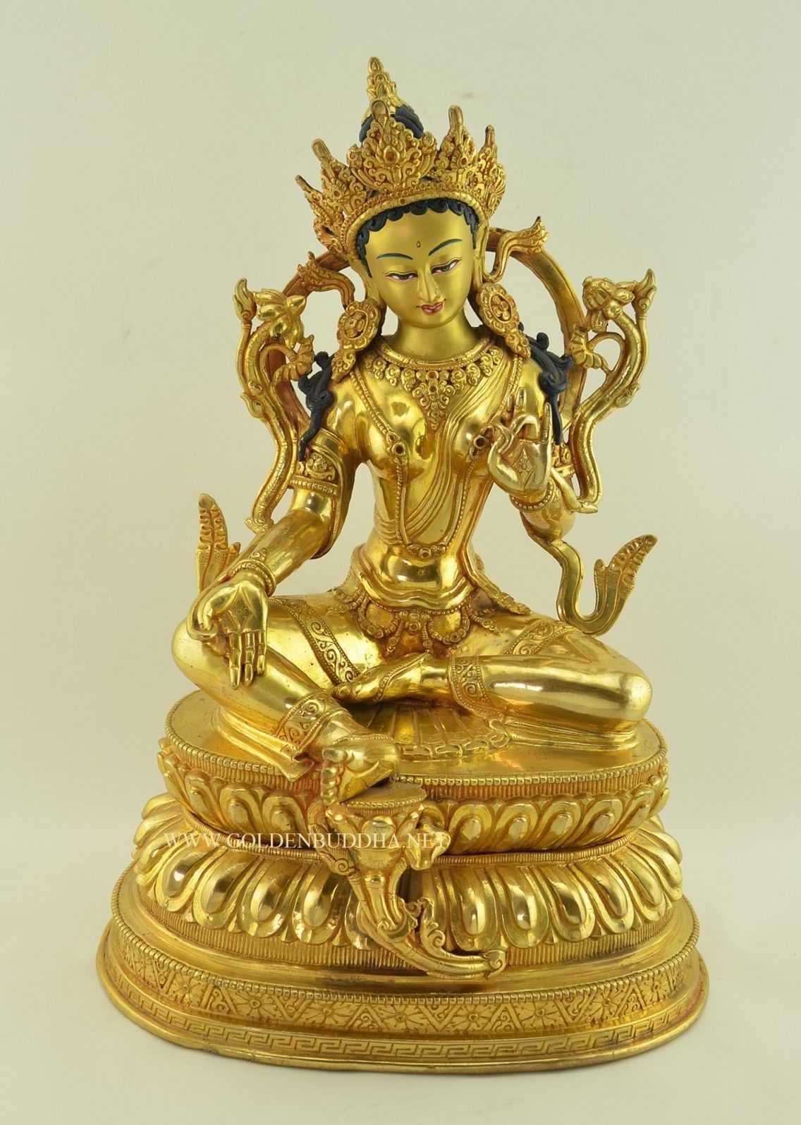 Fully Gold Gilded 15&quot; Green Tara Statue Double Lotus Pedestal - Gallery