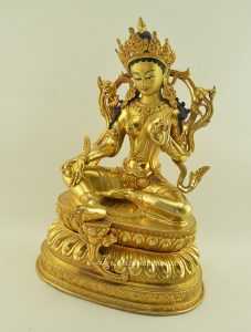 Fully Gold Gilded 15" Green Tara Statue Double Lotus Pedestal - Left