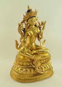 Fully Gold Gilded 15" Green Tara Statue Double Lotus Pedestal - Right
