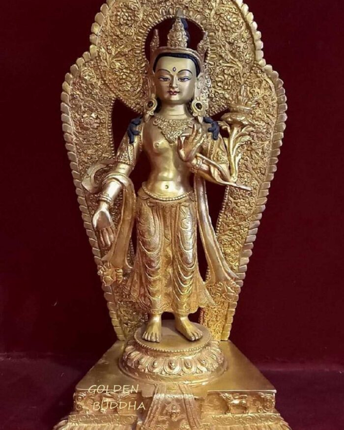 Fully Gold Gilded 15.75" Standing Avalokiteshvara Statue, 24k Gold Face Painted - Gallery