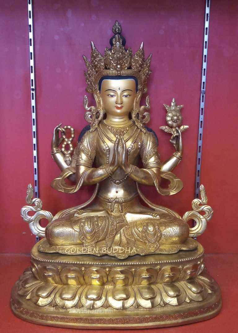 Fully Gold Gilded 18" Chenrezig Statue (Handmade) - Gallery