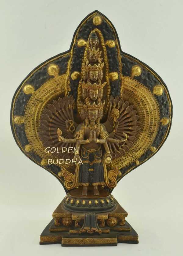 Oxidized Copper 14" 1000 Armed Chenrezig Statue, Partly Gilded in 24k Gold - Gallery