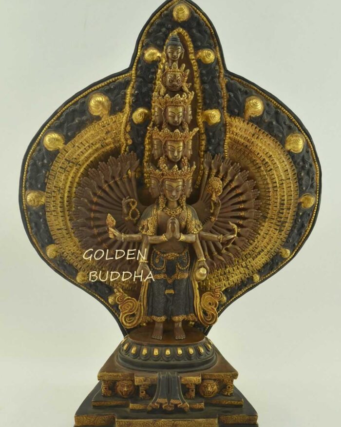Oxidized Copper 14" 1000 Armed Chenrezig Statue, Partly Gilded in 24k Gold - Gallery
