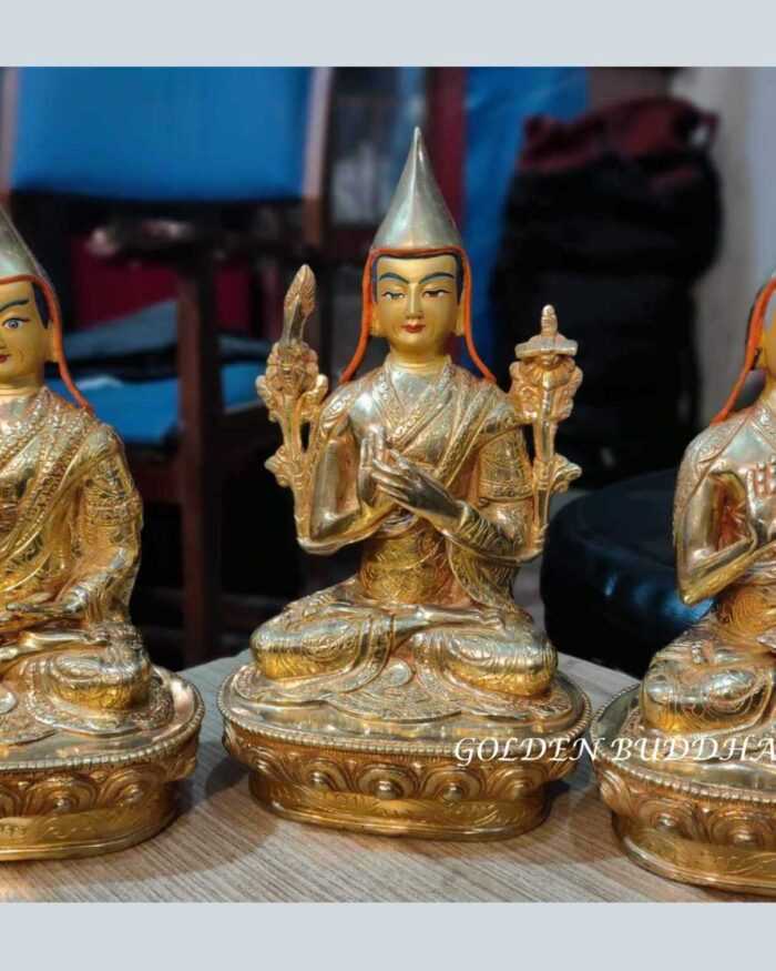 Je Tsongkhapa Statue Set, Fully Gold Gilded 8", Fire Gilded 24k Gold Finish - Gallery