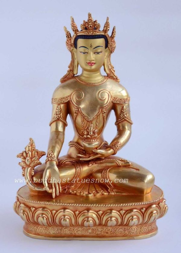 Fully Gold Gilded 10.5" Crowned Medicine Buddha Statue - Gallery