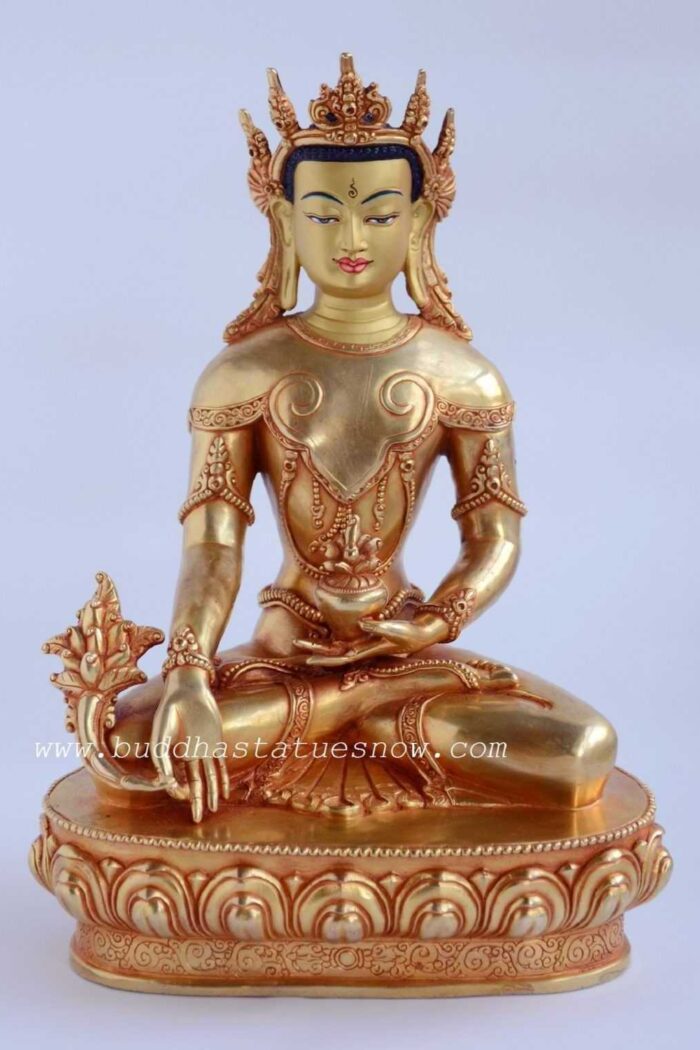 Fully Gold Gilded 10.5" Crowned Medicine Buddha Statue - Gallery