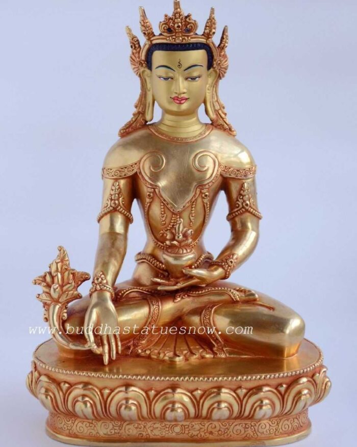 Fully Gold Gilded 10.5" Crowned Medicine Buddha Statue - Gallery