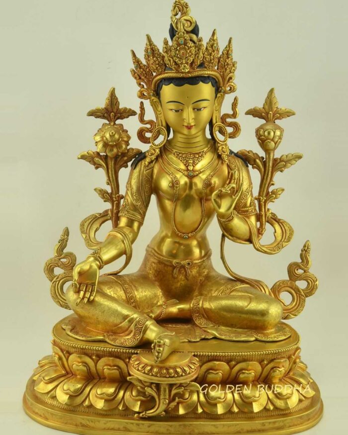 Fully Gold Gilded 19.5" Green Tara Statue, Hand Face Painted - Gallery