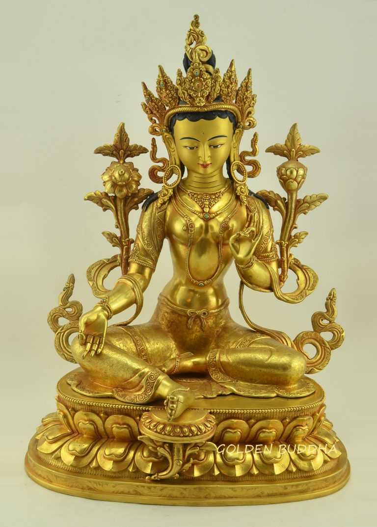 Fully Gold Gilded 19.5" Green Tara Statue, Hand Face Painted - Gallery