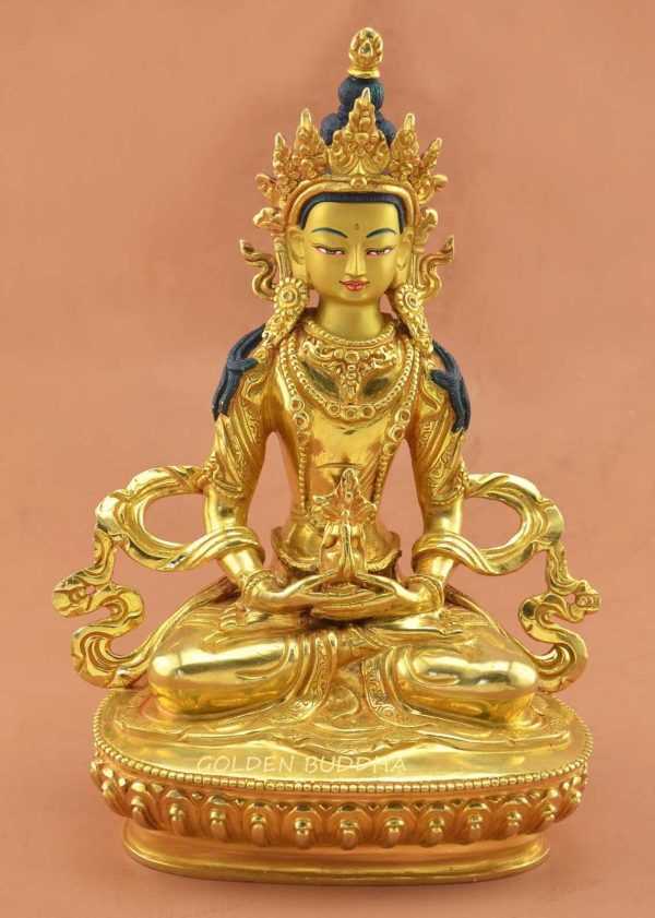 Fully Gold Gilded 8.5" Aparmita Statue, Amitayus, Hand Face Painted - Gallery