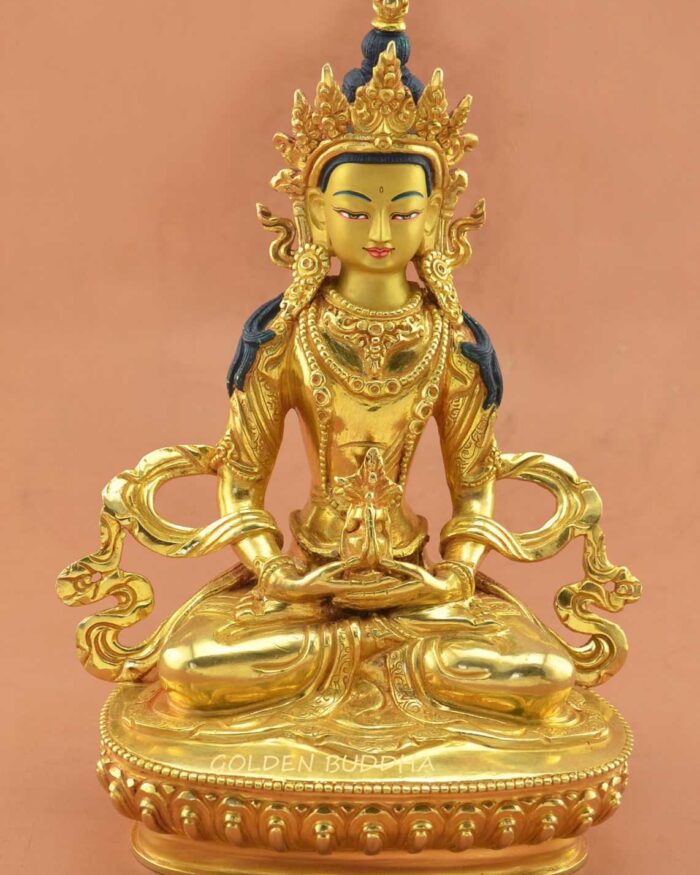 Fully Gold Gilded 8.5" Aparmita Statue, Amitayus, Hand Face Painted - Gallery