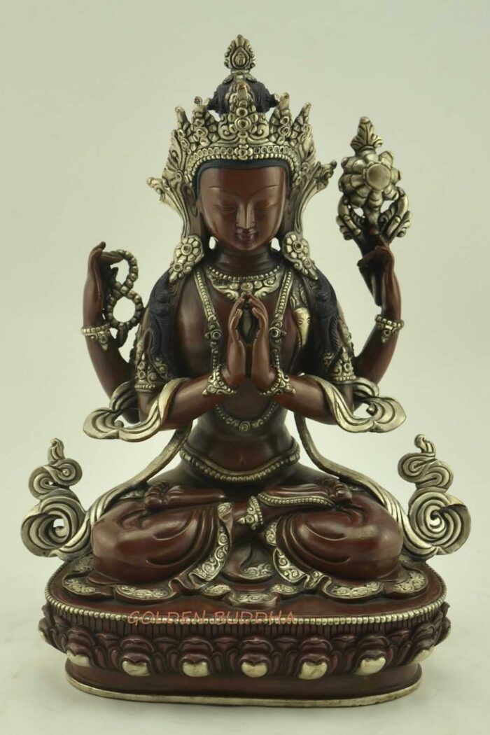 Oxidized Copper 9.75" Chenrezig Statue, Silver Plated, Handmade - Gallery