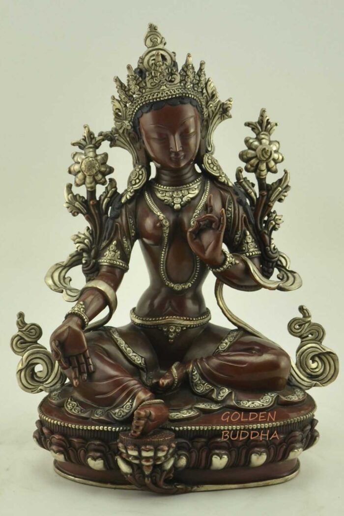 Oxidized Copper 9.75" Green Tara Statue, Silver Plated, Handmade - Gallery