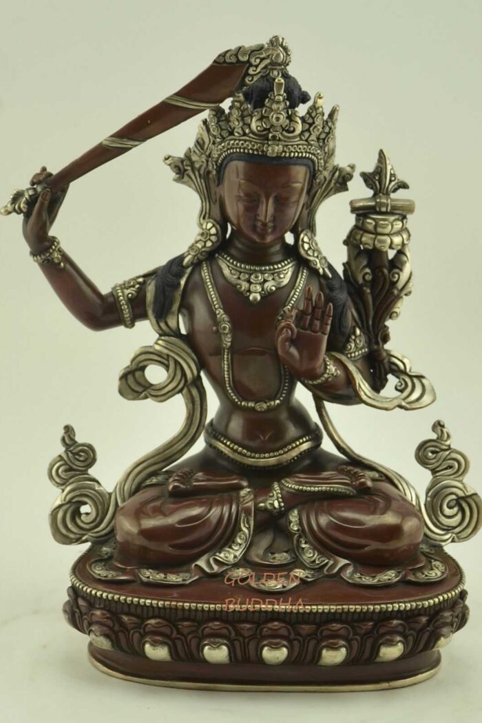Oxidized Copper 9.75" Manjushri Statue, Handmade, Silver Plating - Gallery
