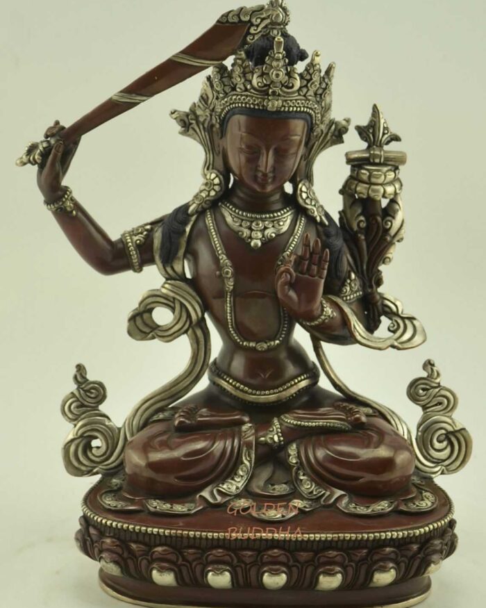 Oxidized Copper 9.75" Manjushri Statue, Handmade, Silver Plating - Gallery