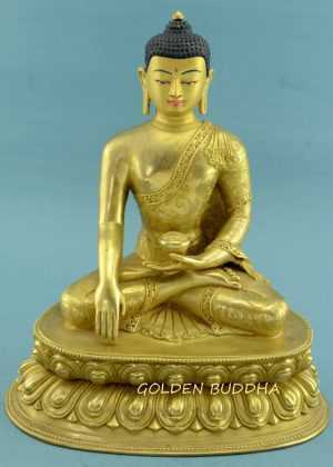Fully Gold Gilded 11.5" Shakyamuni Statue, Beautiful Hand Carved Engravings - Gallery