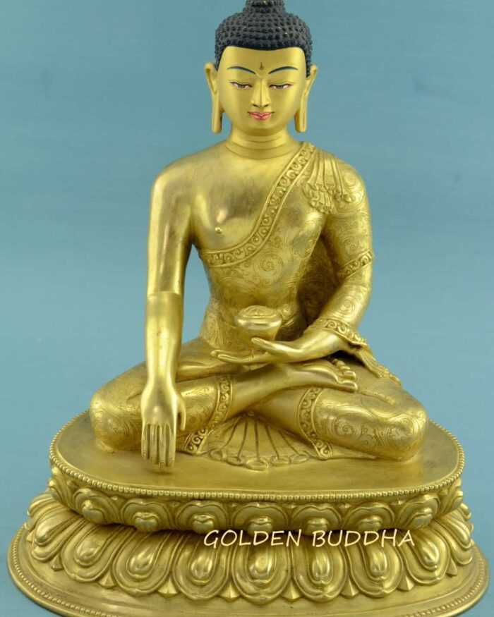 Fully Gold Gilded 11.5" Shakyamuni Statue, Beautiful Hand Carved Engravings - Gallery