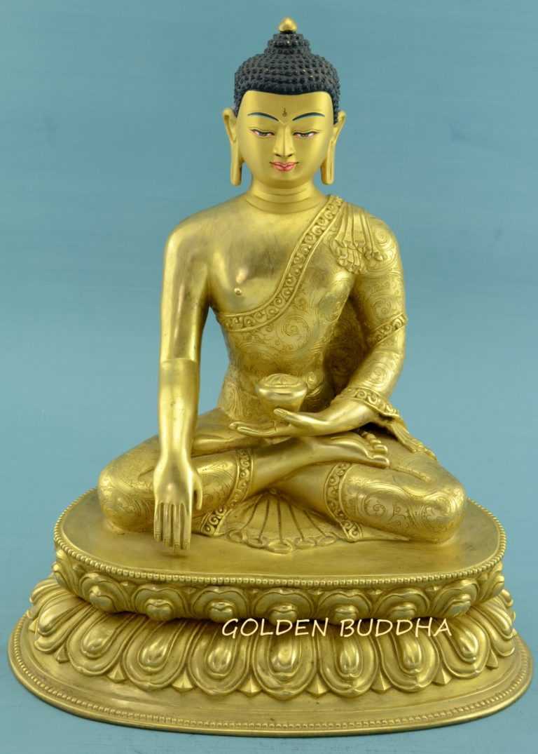 Fully Gold Gilded 11.5" Shakyamuni Statue, Beautiful Hand Carved Engravings - Gallery