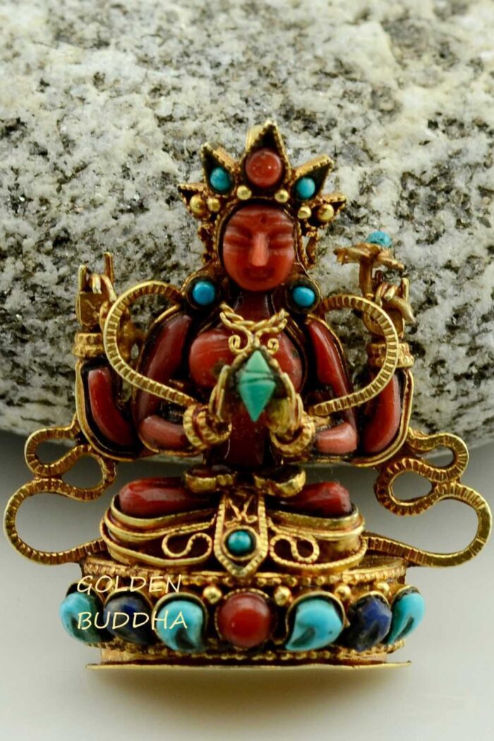 Chenrezig Ghau Pendant 40mm, Gold Plated Silver, Embedded Semiprecious Stones - Gallery