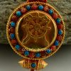 Dharma Wheel Ghau Pendant 45mm, Gold Plated Silver, Embedded Coral and Turquoise - Gallery