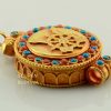 Dharma Wheel Ghau Pendant 45mm, Gold Plated Silver, Embedded Coral and Turquoise - Left