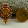 Dharma Wheel Ghau Pendant 45mm, Gold Plated Silver, Embedded Coral and Turquoise - Opened