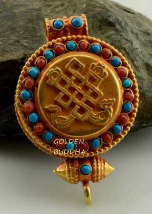 Eternal Knot Ghau Pendant 44mm, Gold Plated Silver, Embedded Coral and Turquoise - Gallery
