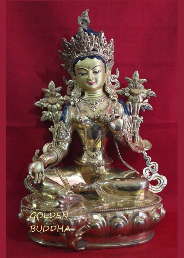 Fully Gold Gilded 12" Jetsun Dolma Statue, Hand Face Painted, 24K Gold Finish - Gallery