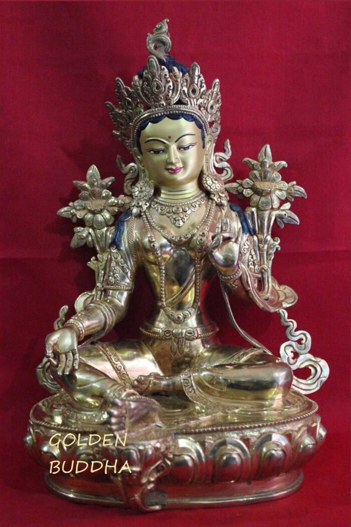 Fully Gold Gilded 12" Jetsun Dolma Statue, Hand Face Painted, 24K Gold Finish - Gallery