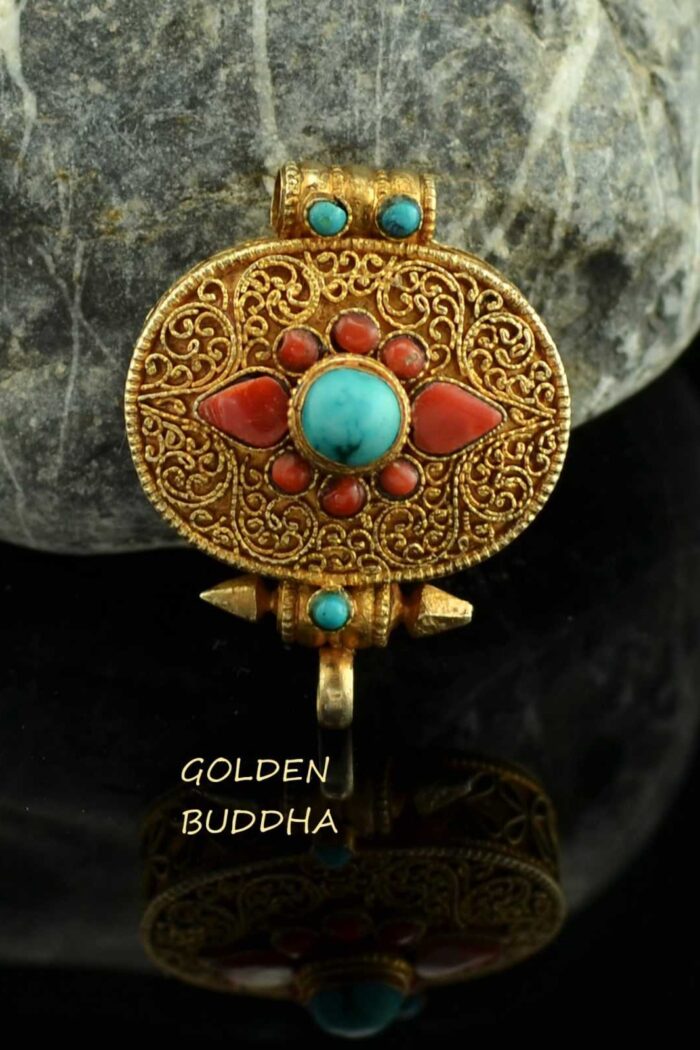 Gold Plated Ghau Pendant 37mm, Handmade Silver with Semiprecious Coral, Turquoise - Gallery