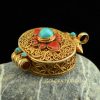 Gold Plated Ghau Pendant 37mm, Handmade Silver with Semiprecious Coral, Turquoise - Left