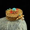 Gold Plated Ghau Pendant 37mm, Handmade Silver with Semiprecious Coral, Turquoise - Right